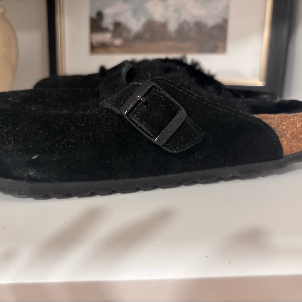 Birkenstock Black Suede Boston Clog Mule with Buckle